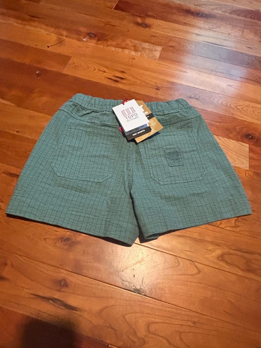 Topo Designs Green Grid Dirt Collection 
Shorts with Contrast Drawstring